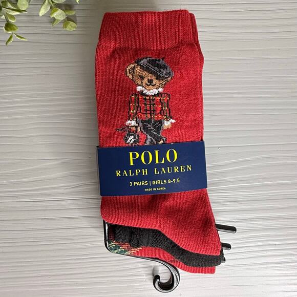 Polo Ralph Lauren Girl's Socks Polo Bear Set of 3 pairs 13-3 shoes / 8-9.5 socks - Picture 1 of 4
